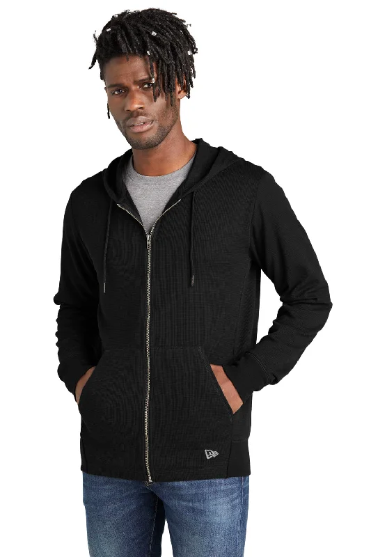 men's hoodies for winter -New Era Mens Thermal Full Zip Hooded Sweatshirt Hoodie w/ Pockets - Black