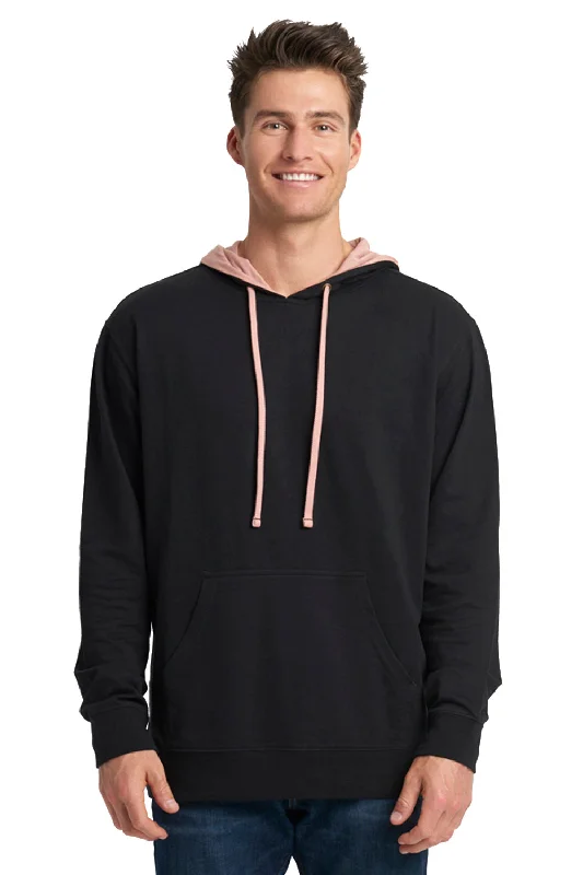 men's vintage hoodies -Next Level Mens French Terry Fleece Hooded Sweatshirt Hoodie w/ Pouch Pocket - Black/Desert Pink - Closeout