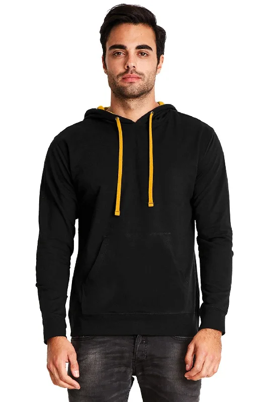 men's hoodies for gym -Next Level Mens French Terry Fleece Hooded Sweatshirt Hoodie w/ Pouch Pocket - Black/Gold