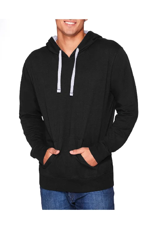 men's hoodies for fall -Next Level Mens French Terry Fleece Hooded Sweatshirt Hoodie w/ Pouch Pocket - Black/Heather Grey