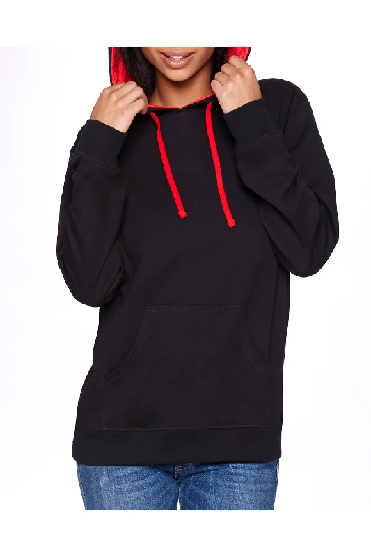 performance sweatshirts for men -Next Level Mens French Terry Fleece Hooded Sweatshirt Hoodie w/ Pouch Pocket - Black/Red