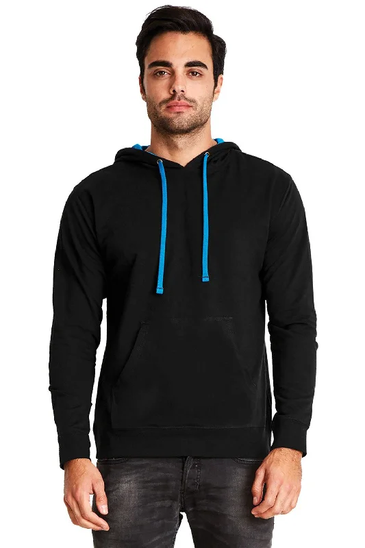 graphic hoodies for men -Next Level Mens French Terry Fleece Hooded Sweatshirt Hoodie w/ Pouch Pocket - Black/Turquoise Blue