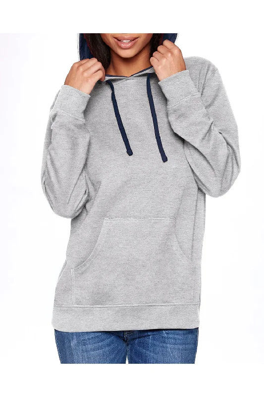 men's sweatshirts with designs -Next Level Mens French Terry Fleece Hooded Sweatshirt Hoodie w/ Pouch Pocket - Heather Grey/Midnight Navy Blue