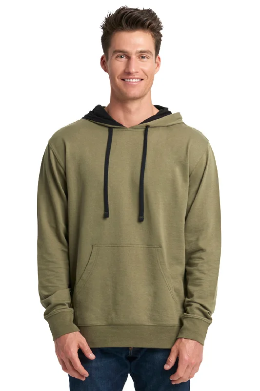 hoodie jackets for men -Next Level Mens French Terry Fleece Hooded Sweatshirt Hoodie w/ Pouch Pocket - Military Green/Black