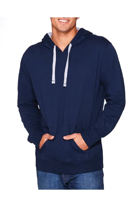 premium hoodies for men -Next Level Mens French Terry Fleece Hooded Sweatshirt Hoodie w/ Pouch Pocket - Midnight Navy Blue/Heather Grey