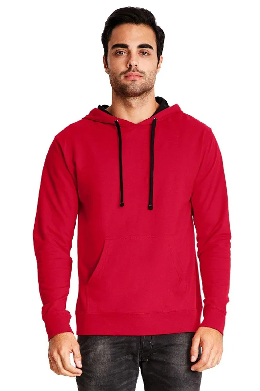 men's fleece sweatshirts -Next Level Mens French Terry Fleece Hooded Sweatshirt Hoodie w/ Pouch Pocket - Red/Black