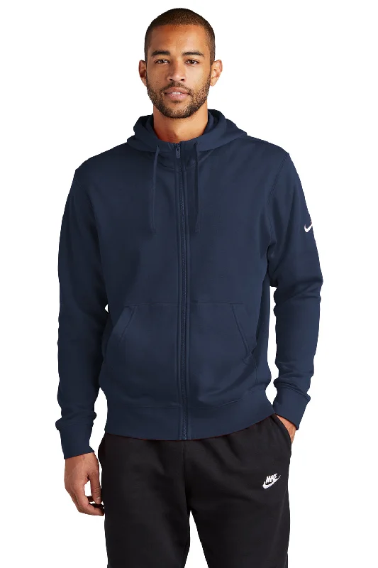 graphic sweatshirts for men -Nike Mens Club Fleece Full Zip Hooded Sweatshirt Hoodie w/ Pockets - Midnight Navy Blue