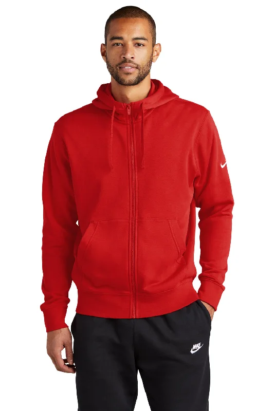 men's soft sweatshirts -Nike Mens Club Fleece Full Zip Hooded Sweatshirt Hoodie w/ Pockets - University Red