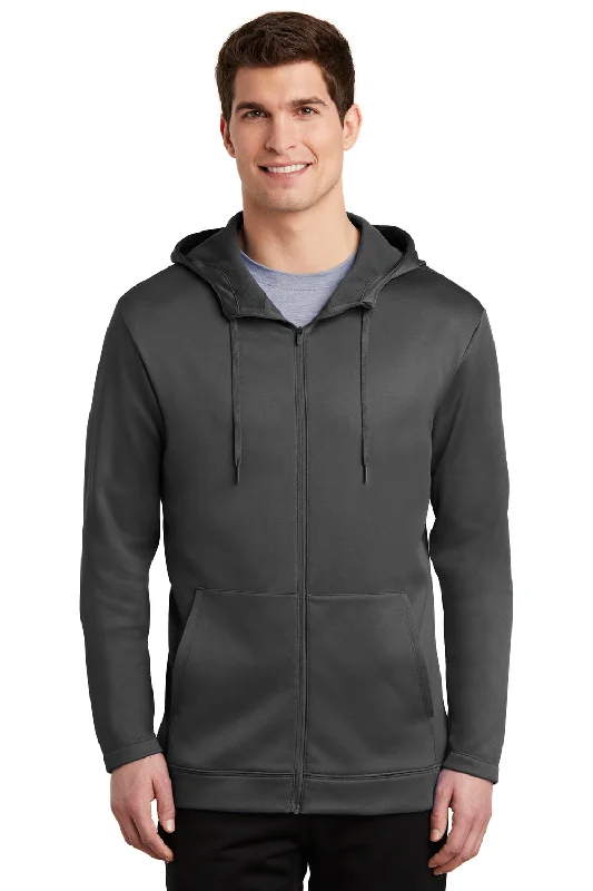 men's long sleeve sweatshirts -Nike Mens Therma-Fit Moisture Wicking Fleece Full Zip Hooded Sweatshirt Hoodie w/ Pockets - Anthracite Grey