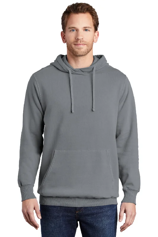 men's vintage hoodies -Port & Company Mens Beach Wash Fleece Hooded Sweatshirt Hoodie w/ Pouch Pocket - Coal Grey