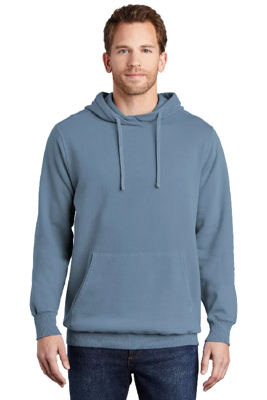 men's hoodies for fall -Port & Company Mens Beach Wash Fleece Hooded Sweatshirt Hoodie w/ Pouch Pocket - Denim Blue