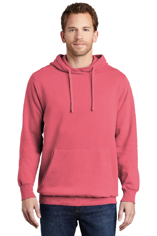 men's logo sweatshirts -Port & Company Mens Beach Wash Fleece Hooded Sweatshirt Hoodie w/ Pouch Pocket - Fruit Punch Pink