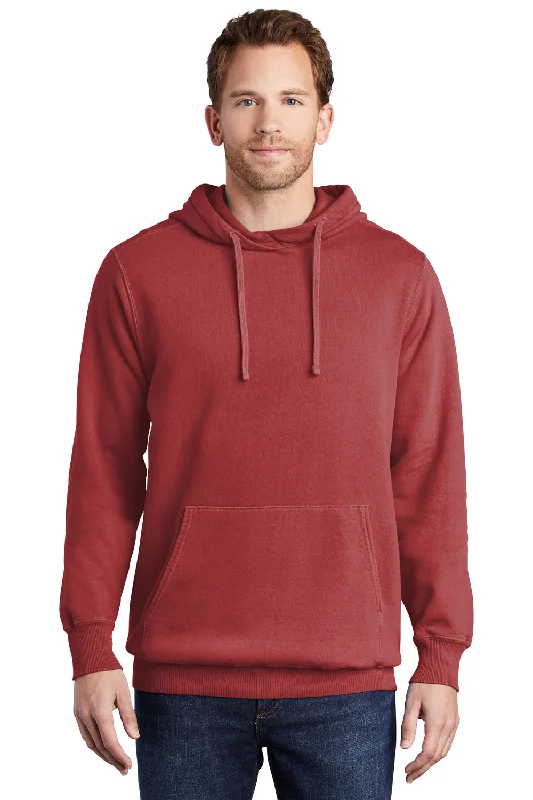 men's oversized sweatshirts -Port & Company Mens Beach Wash Fleece Hooded Sweatshirt Hoodie w/ Pouch Pocket - Rock Red