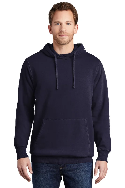 hoodies for men with pockets -Port & Company Mens Beach Wash Fleece Hooded Sweatshirt Hoodie w/ Pouch Pocket - True Navy Blue