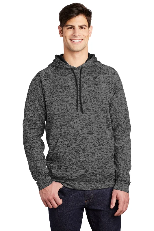 men's printed hoodies -Sport-Tek Mens Electric Heather Moisture Wicking Fleece Hooded Sweatshirt Hoodie w/ Pouch Pocket - Grey Black Electric