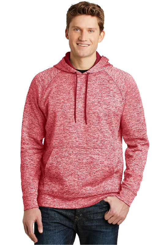 embroidered hoodies for men -Sport-Tek Mens Electric Heather Moisture Wicking Fleece Hooded Sweatshirt Hoodie w/ Pouch Pocket - Deep Red Electric - Closeout