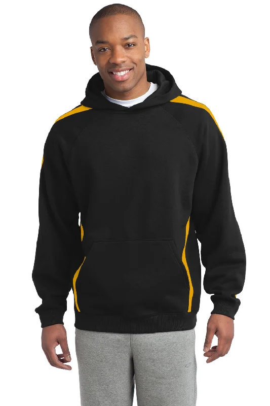 custom hoodie sweatshirts for men -Sport-Tek Mens Shrink Resistant Fleece Hooded Sweatshirt Hoodie w/ Pouch Pocket - Black/Gold - Closeout