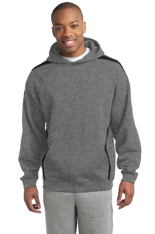 fleece sweatshirts for men -Sport-Tek Mens Shrink Resistant Fleece Hooded Sweatshirt Hoodie w/ Pouch Pocket - Heather Vintage Grey/Black - Closeout