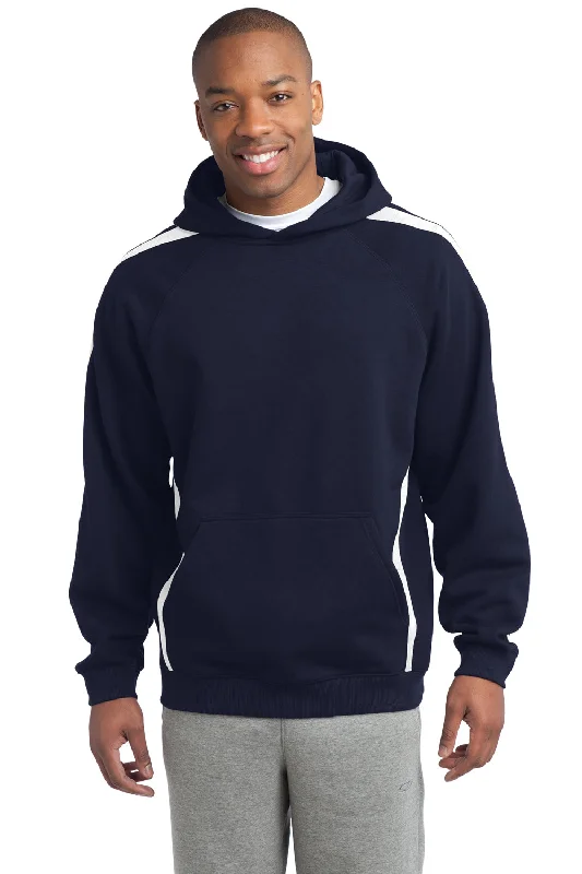 men's graphic sweatshirts -Sport-Tek Mens Shrink Resistant Fleece Hooded Sweatshirt Hoodie w/ Pouch Pocket - True Navy Blue/White - Closeout