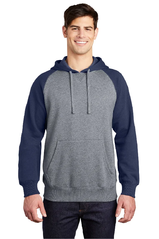 comfortable workout hoodies -Sport-Tek Mens Shrink Resistant Fleece Hooded Sweatshirt Hoodie w/ Pouch Pocket - Heather Vintage Grey/True Navy Blue