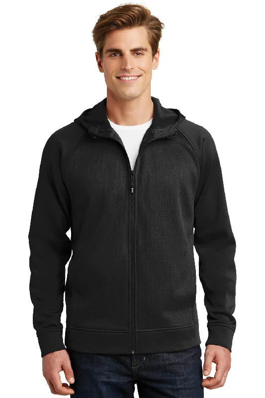 eco-friendly sweatshirts for men -Sport-Tek Mens Rival Tech Moisture Wicking Fleece Full Zip Hooded Sweatshirt Hoodie w/ Pockets - Black - Closeout