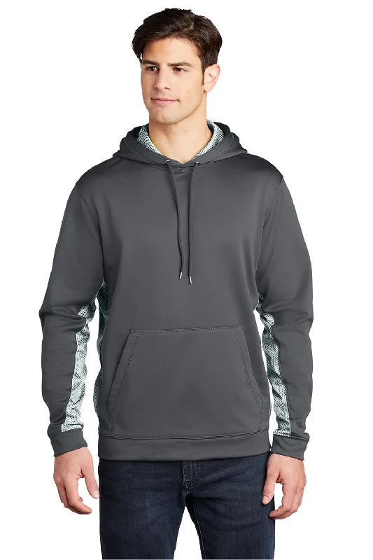 men's fashion hoodies -Sport-Tek Mens Sport-Wick CamoHex Moisture Wicking Fleece Hooded Sweatshirt Hoodie w/ Pouch Pocket - Dark Smoke Grey/White