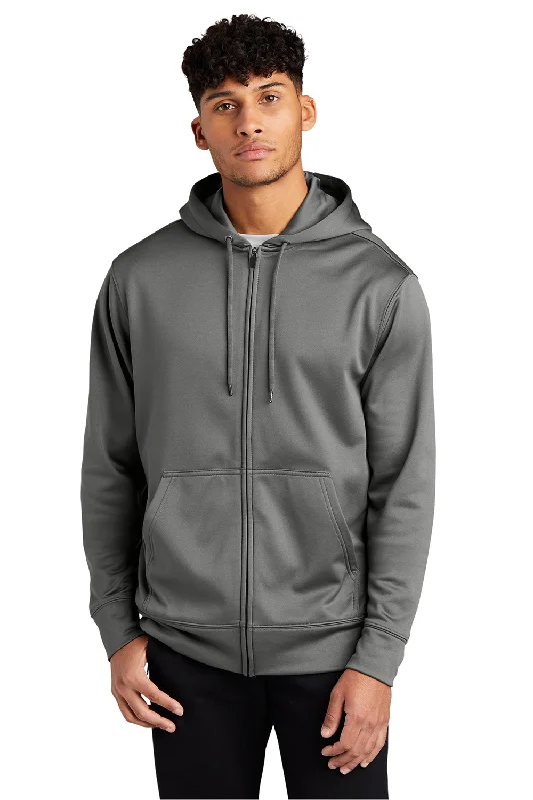 men's oversized sweatshirts -Sport-Tek Mens Sport-Wick Moisture Wicking Fleece Full Zip Hooded Sweatshirt Hoodie w/ Pouch Pocket - Dark Smoke Grey