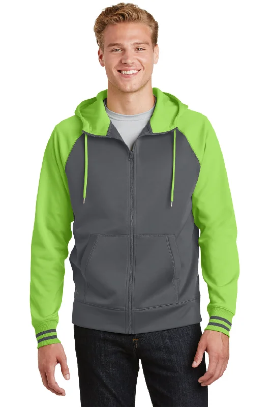 cotton hoodies for men -Sport-Tek Mens Sport-Wick Moisture Wicking Fleece Hooded Sweatshirt Hoodie w/ Pouch Pocket - Dark Smoke Grey/Lime Shock Green - Closeout