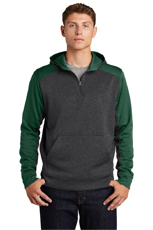 men's hoodies for outdoor activities -Sport-Tek Mens Tech Moisture Wicking Fleece 1/4 Zip Hooded Sweatshirt Hoodie w/ Patch Pocket - Heather Graphite Grey/Forest Green