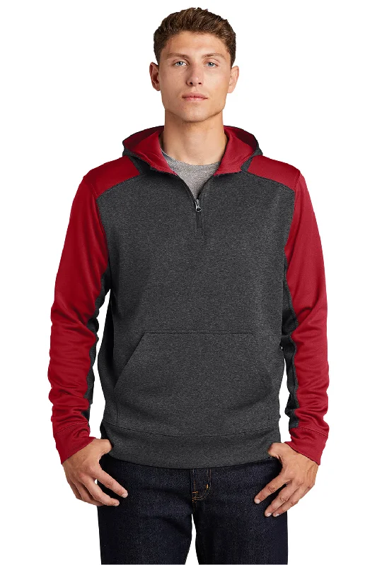 men's fleece sweatshirts -Sport-Tek Mens Tech Moisture Wicking Fleece 1/4 Zip Hooded Sweatshirt Hoodie w/ Patch Pocket - Heather Graphite Grey/True Red