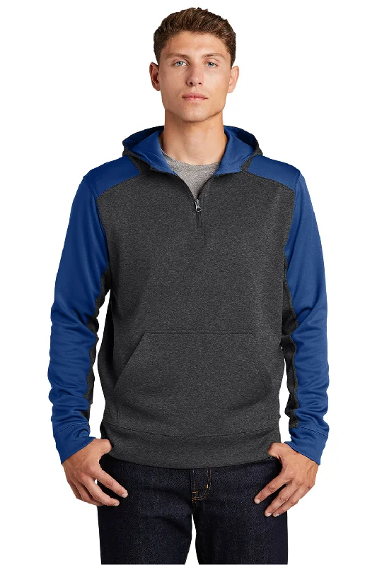 zip-up hoodies for men -Sport-Tek Mens Tech Moisture Wicking Fleece 1/4 Zip Hooded Sweatshirt Hoodie w/ Patch Pocket - Heather Graphite Grey/True Royal Blue