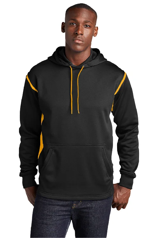 workout hoodies for men -Sport-Tek Mens Tech Moisture Wicking Fleece Hooded Sweatshirt Hoodie w/ Pouch Pocket - Black/Gold