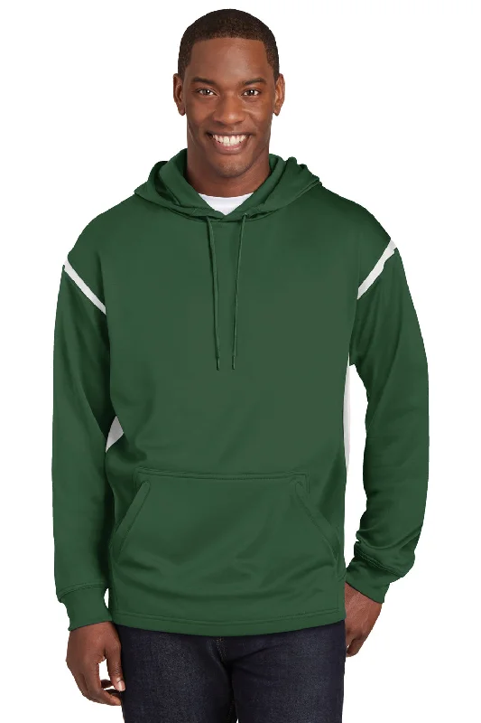 graphic sweatshirts for men -Sport-Tek Mens Tech Moisture Wicking Fleece Hooded Sweatshirt Hoodie w/ Pouch Pocket - Forest Green/White - Closeout