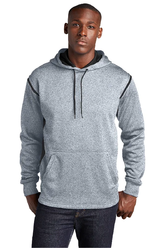 men's soft sweatshirts -Sport-Tek Mens Tech Moisture Wicking Fleece Hooded Sweatshirt Hoodie w/ Pouch Pocket - Heather Grey/Black