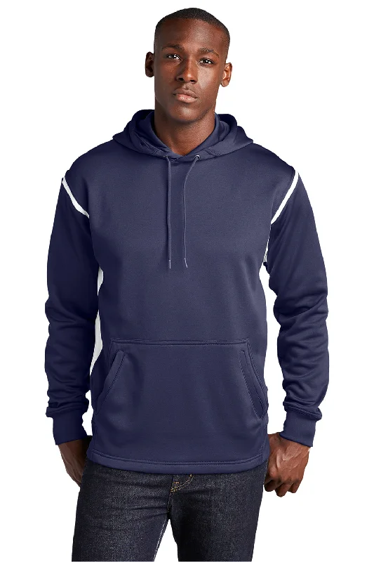 men's heavy-duty hoodies -Sport-Tek Mens Tech Moisture Wicking Fleece Hooded Sweatshirt Hoodie w/ Pouch Pocket - True Navy Blue/White