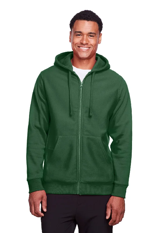 men's long sleeve hoodies -Team 365 Mens Zone HydroSport Fleece Water Resistant Full Zip Hooded Sweatshirt Hoodie w/ Pockets - Dark Green